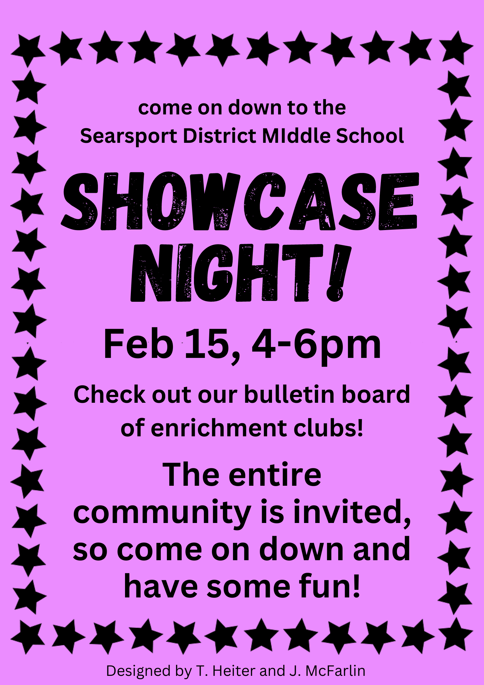 Searsport District Middle School Showcase Night February 15, 2024 4-6 PM poster.  The entire community is invited.